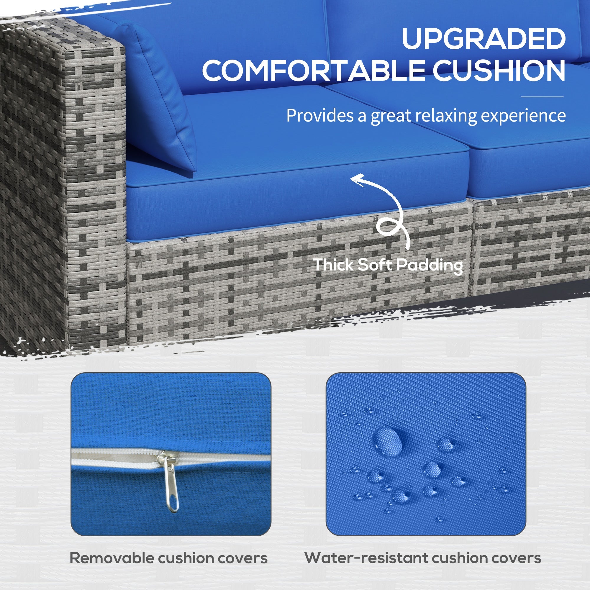 Outsunny 3-Seater Sofa with Cushions - Blue PE Rattan Patio Couch, Conversation Set with Pillows for Garden, Conservatory