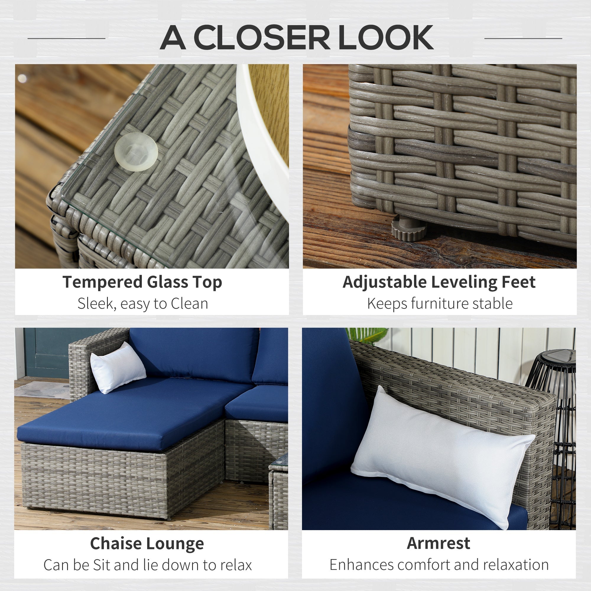 Outsunny Modern 3-Piece Rattan Sofa Set, Wicker Patio Furniture with Coffee Table, Cushions, Pillows for Outdoor