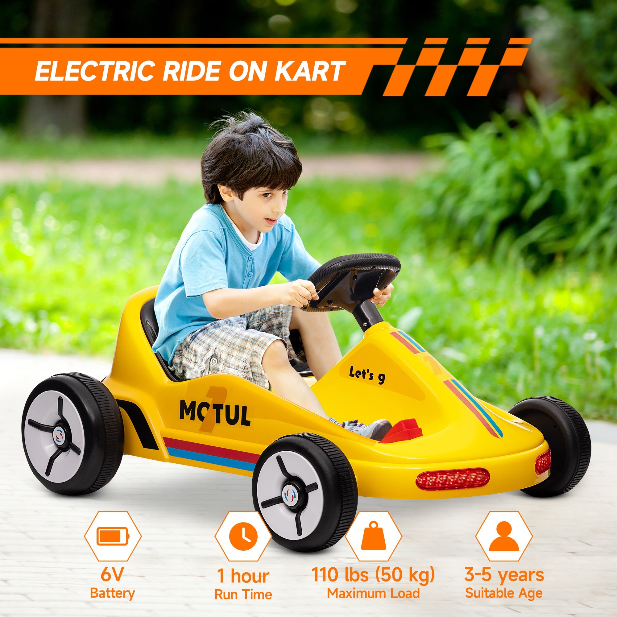 Qaba 6V Electric Go Kart for Aged 3-5 Kids with Music, Light, Horn, Yellow