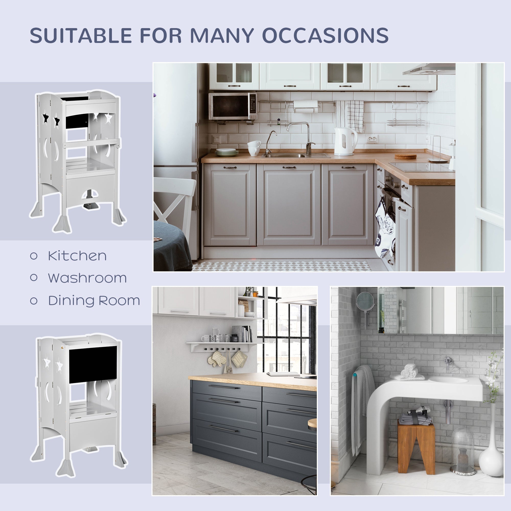 Qaba Foldable Kids Kitchen Helper Stool with Blackboard & Lockable Handrail for Ages 3-6 in Grey