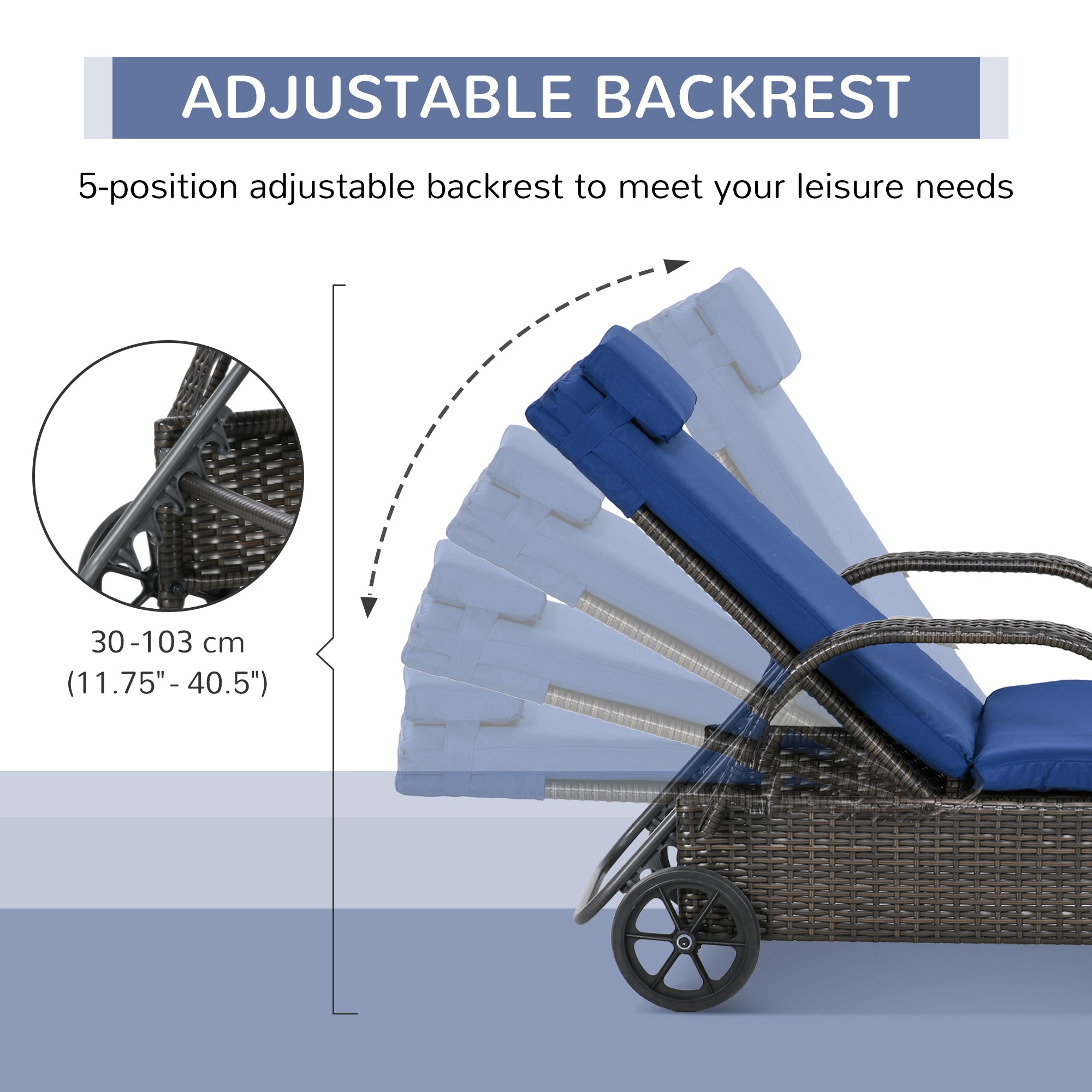 Outsunny Outdoor Lounger, Deck Lounge Chair with Headrest, 5-Level Adjustable, Backrest, Wheels, Mixed Brown and Dark Blue