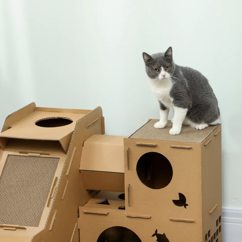 Multi-Level Cardboard Cat House, Corrugated Cardboard Play Condo with Scratching Pads for Indoor Kittens