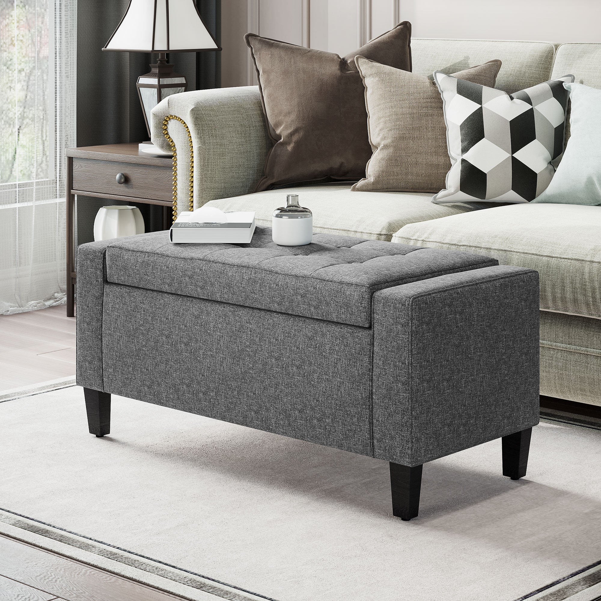 HOMCOM Linen-Touch Tufted Ottoman: Grey Fabric Bench with Flipping Top, Footstool for Living Room