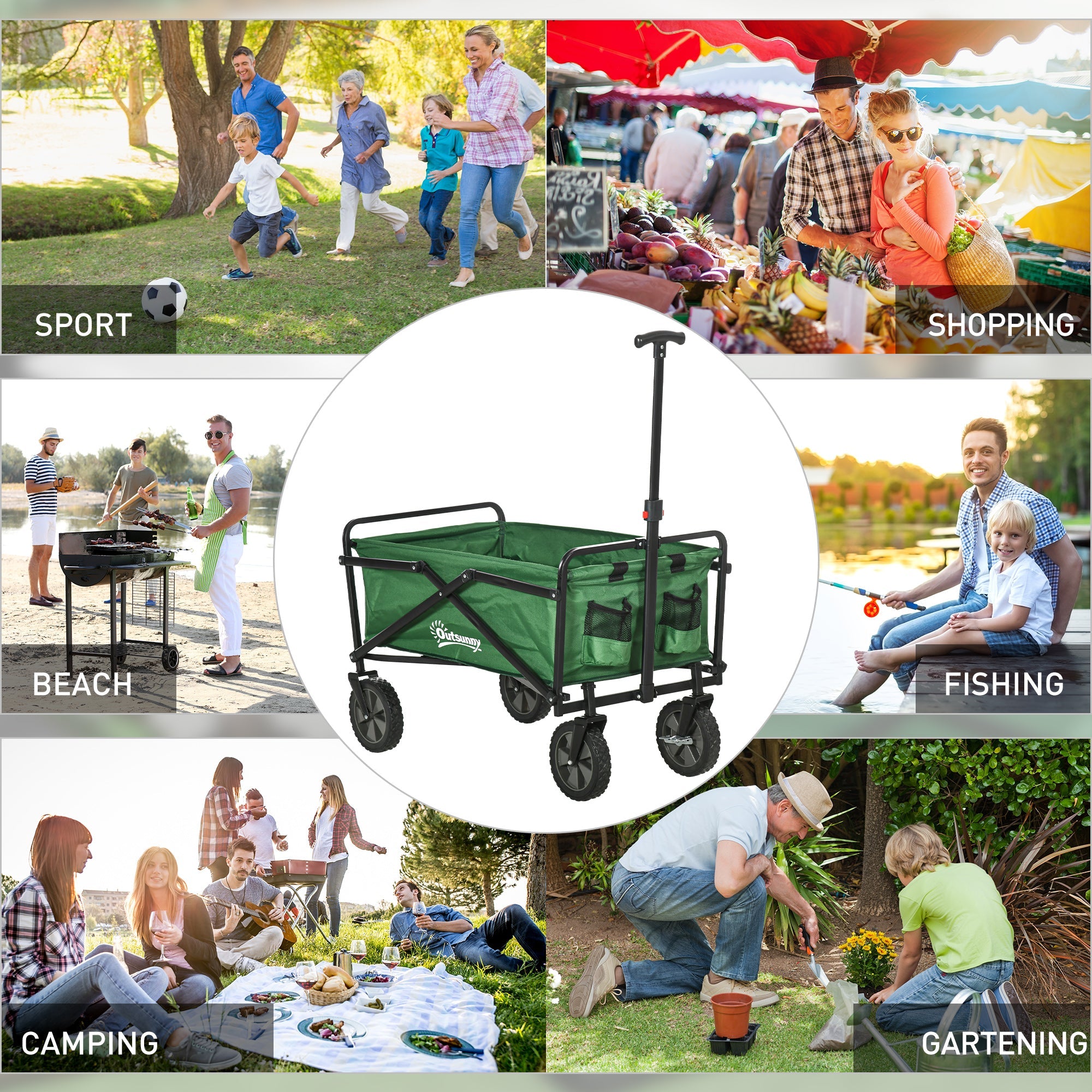 Outsunny Folding Wagon Garden Cart Collapsible Camping Trolley Steel Frame Oxford Fabric