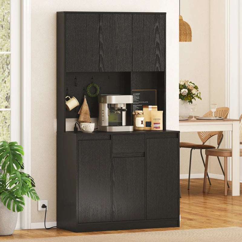 71" Pantry Cabinet with Charging Station, Kitchen Storage Cabinet with Microwave Stand, Pegboard, 6 S-hooks, Black