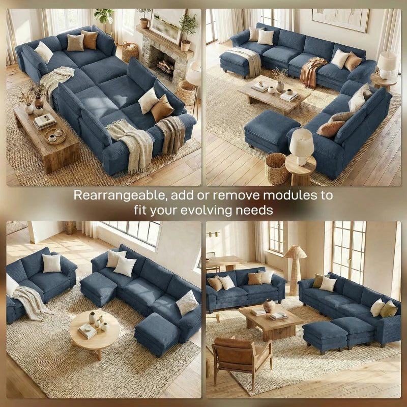 HOMCOM L-Shaped Sectional Sofa with Deep Seats, Movable Ottoman & Pillow-Top Armrests, Contemporary Corduroy Couch – Blue