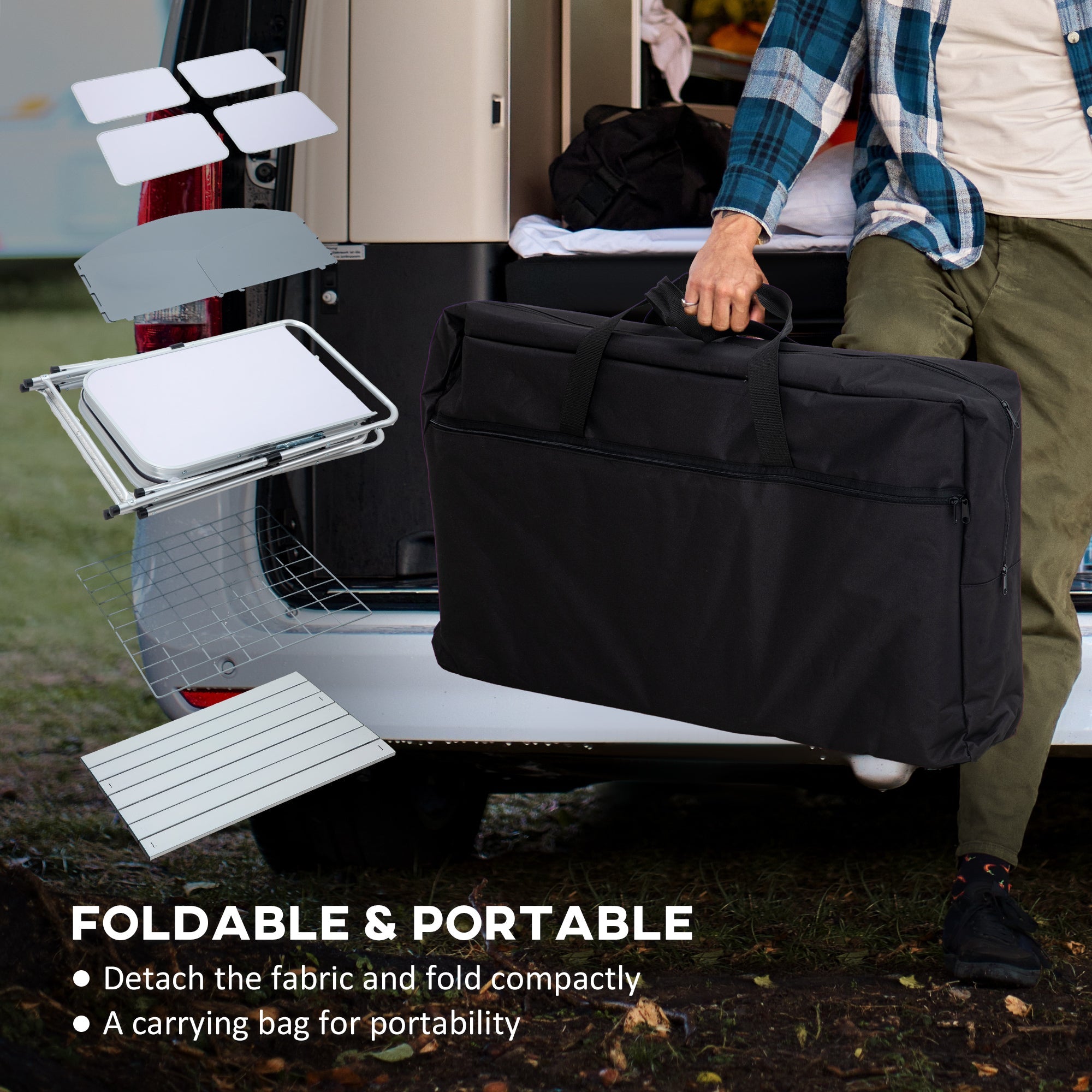 Outsunny Folding Camping Table with Windshield Aluminum Portable Kitchen Cupboards BBQ Camp Party Picnic
