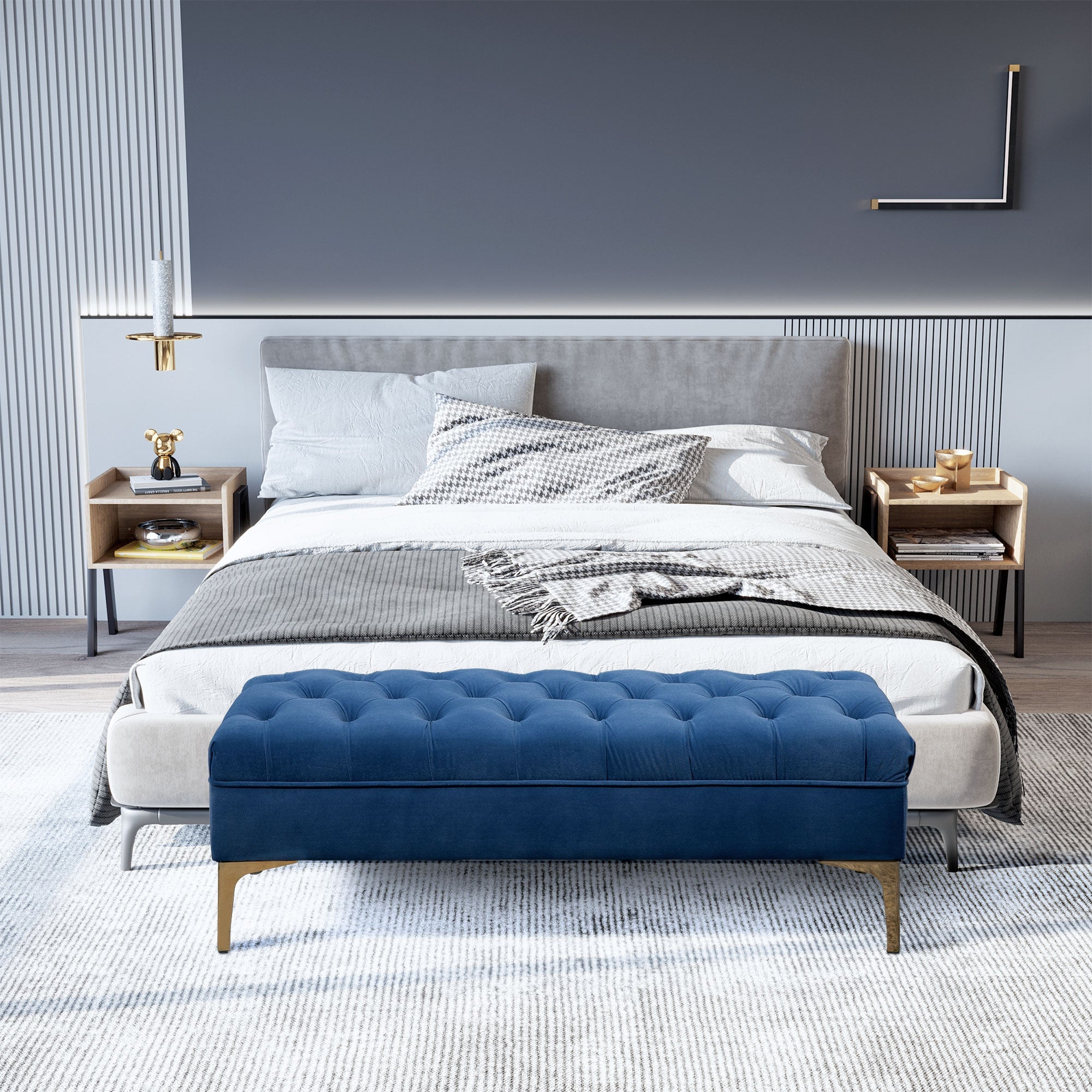 HOMCOM Velvet Upholstered Bench Button Tufted End of Bed Entryway Shoe Storage for Living Room Bedroom Decor Blue