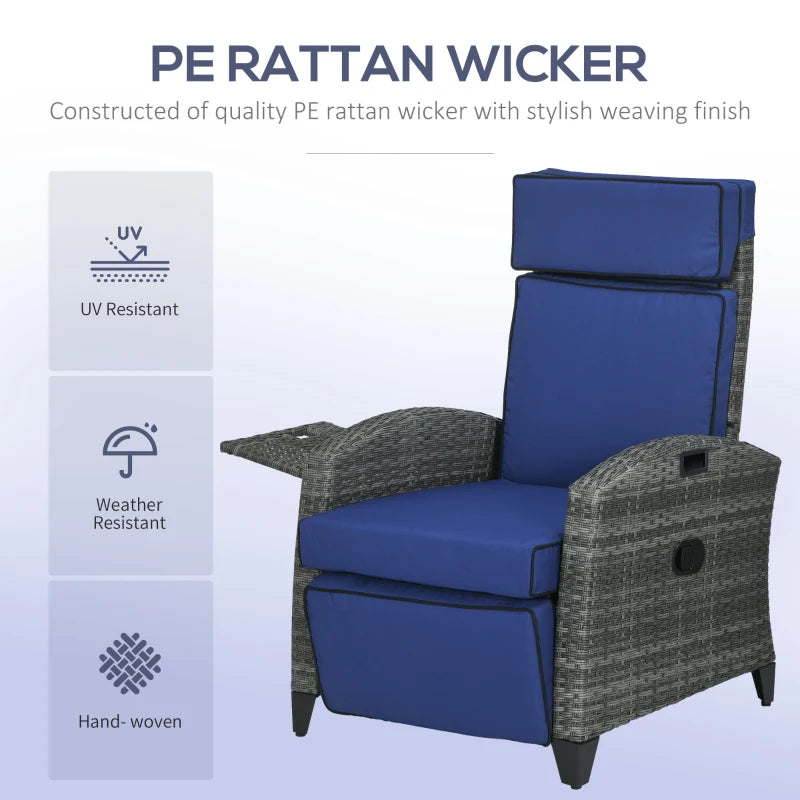 Outdoor Recliner Chair with Adjustable Backrest and Footrest, Washable Cushion, Side Tray, Dark Blue