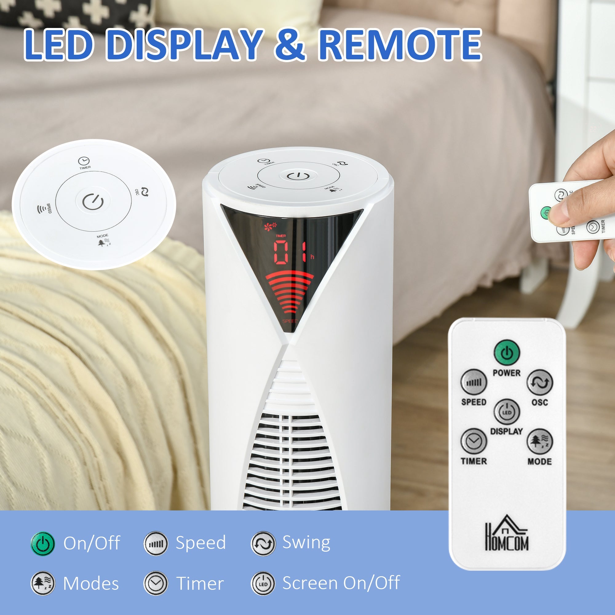 HOMCOM Tower Fan Oscillating 3 Speed 12h Timer LED Remote Control Cooling for Bedroom Home White