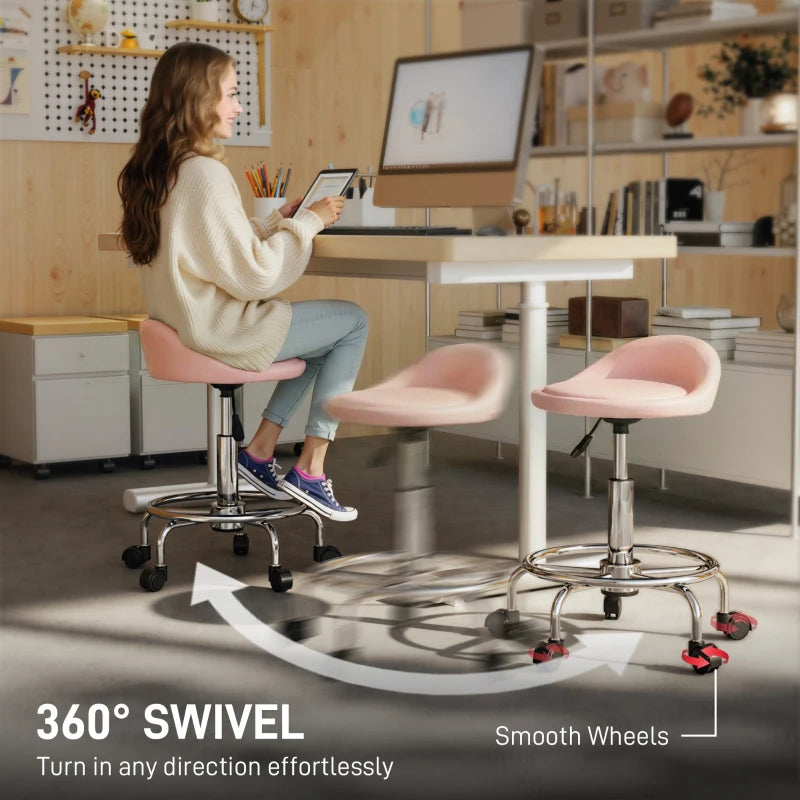 PU Leather Rolling Stool, Height Adjustable Swivel Salon Chair with Backrest and Foot Rest for Spa, Tattoo, Pink