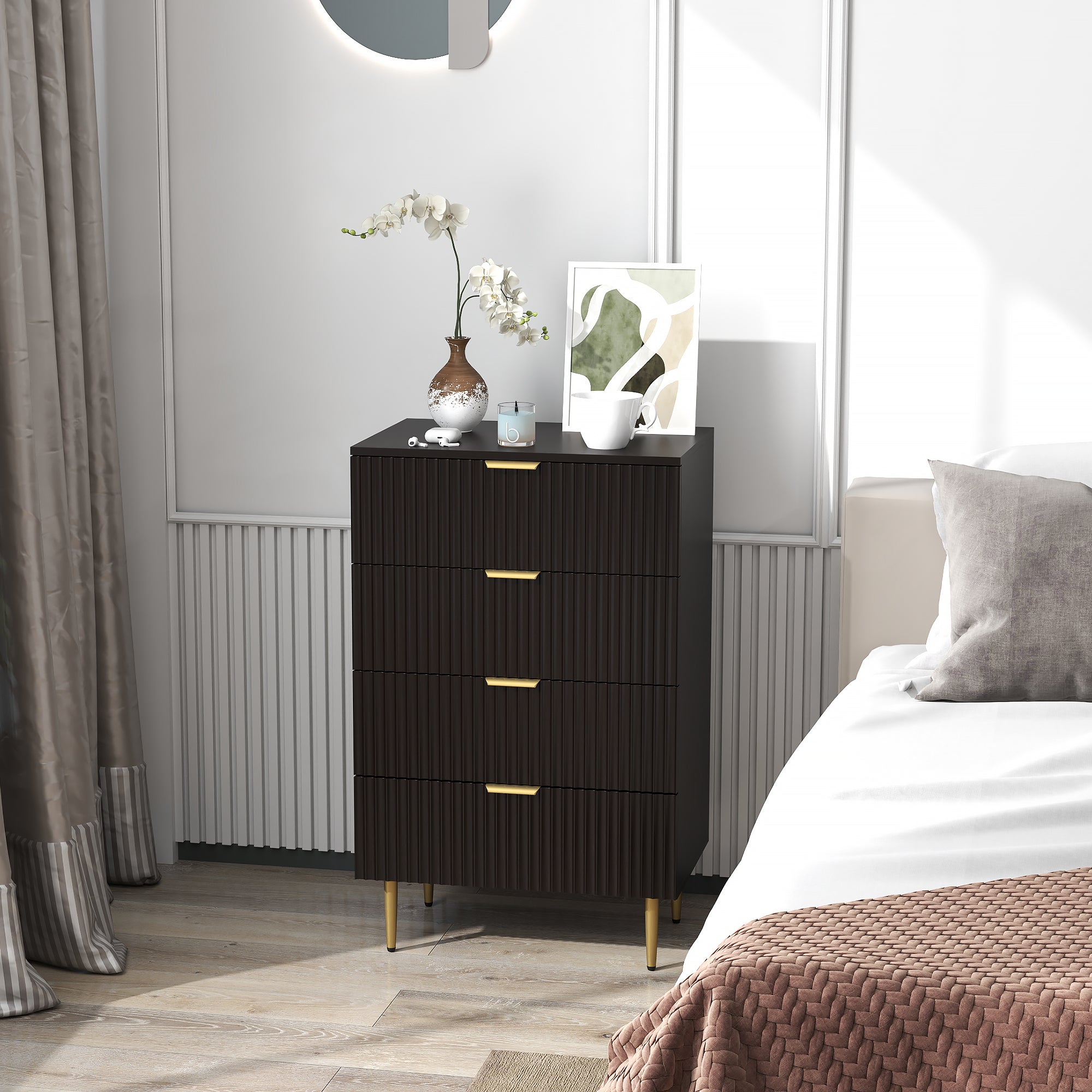 HOMCOM Modern Chest of Drawers 4 Drawer Dresser for Bedroom with Gold Legs and Handles, Black