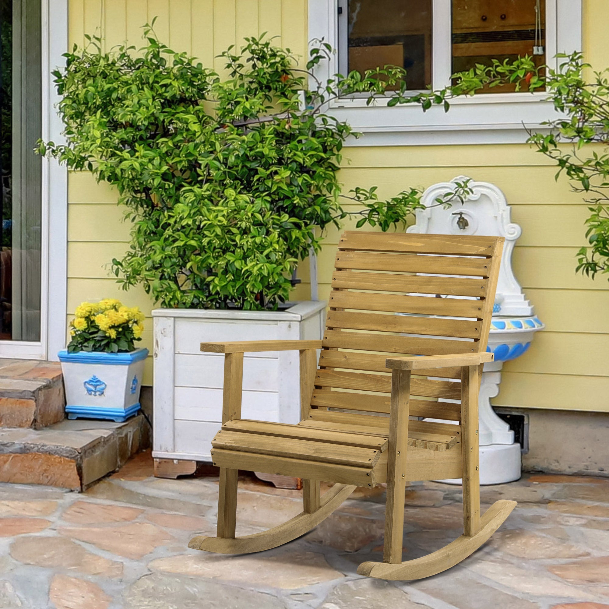 Outsunny Traditional Wooden Rocking Chair Slatted Porch Rocker with Armrest Light Brown