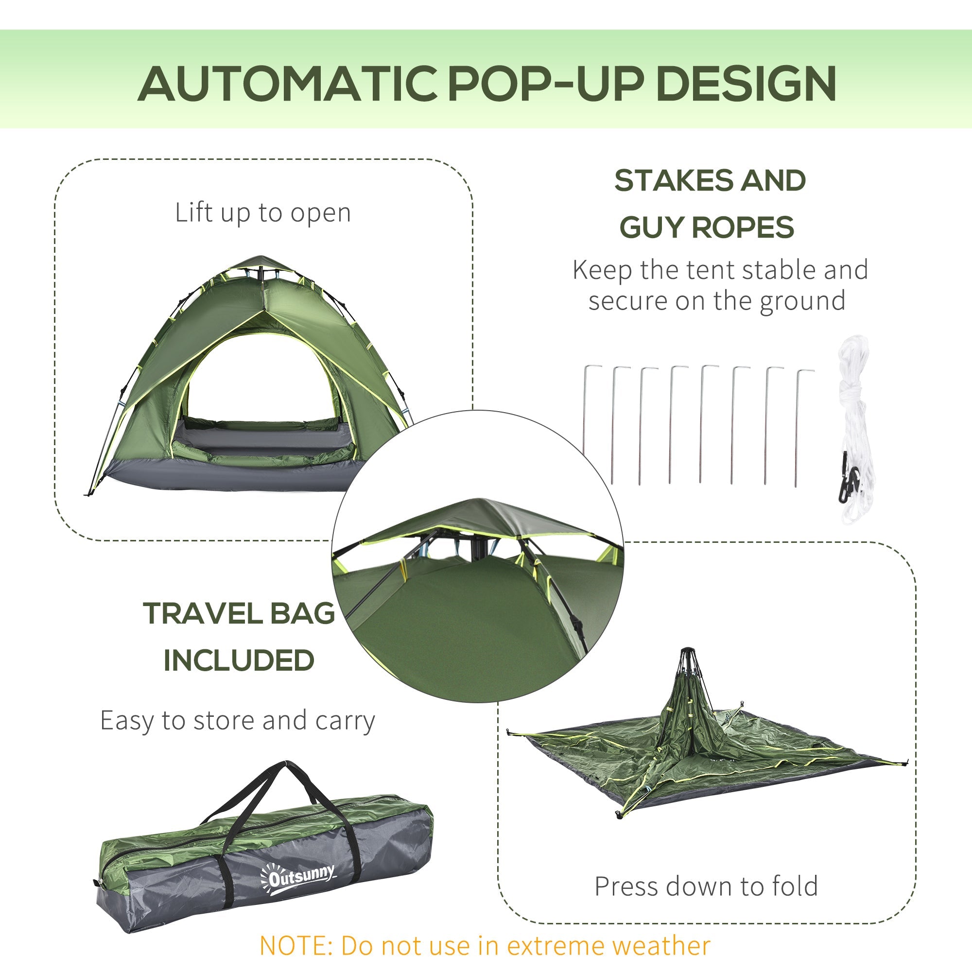 Outsunny Camping Tent, 3 Person Family Tent, 1000mm Waterproof, with Sewn-in Groundsheet and Carry Bag, for Fishing, Dark Green