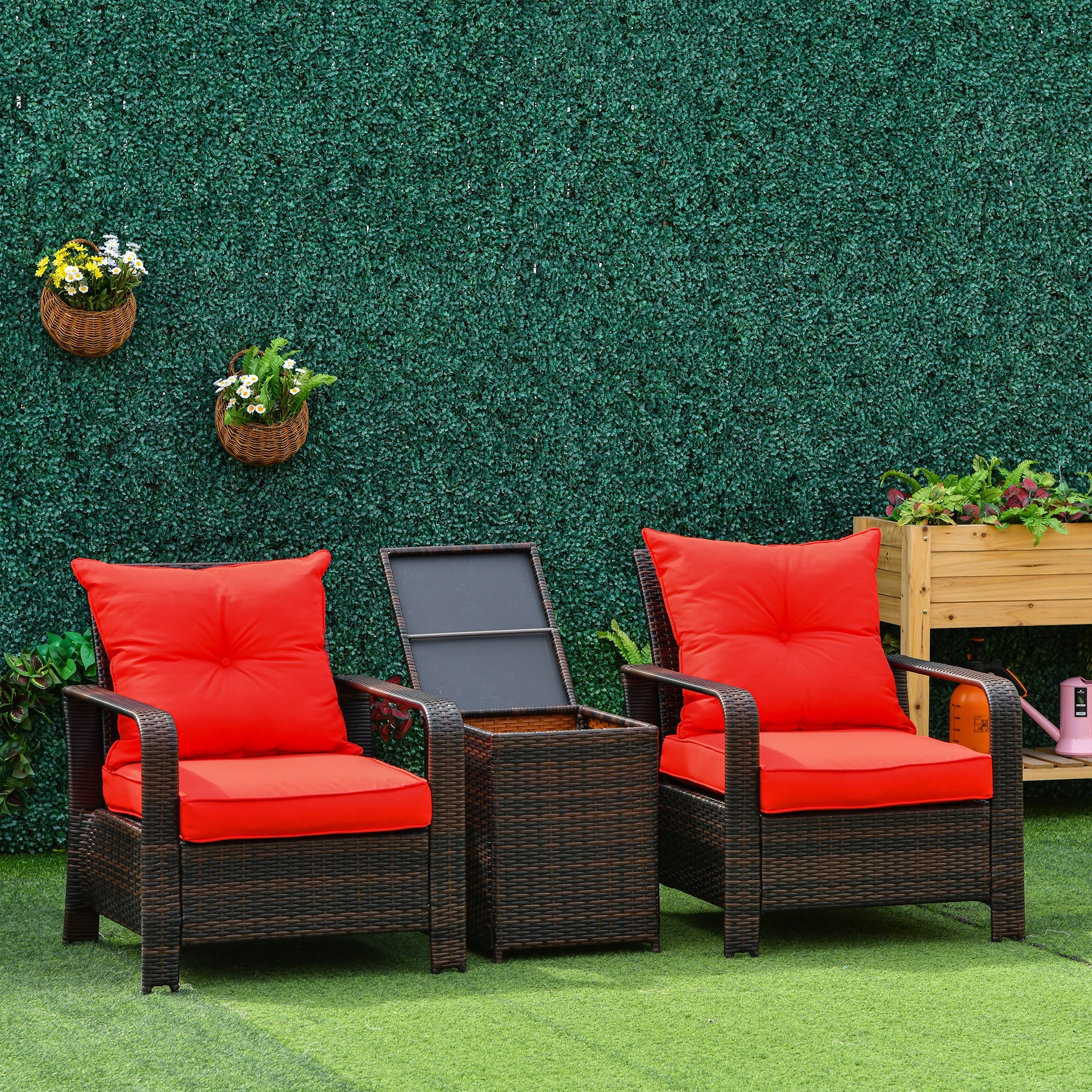 Outsunny 3pc Rattan Garden Sofa Set 2 Chairs Storage Table Cushioned