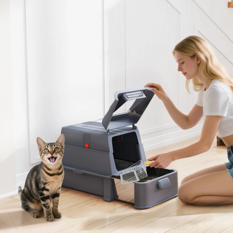 80L XL Stainless Steel Cat Litter Box for Big Cats with Flip Cover, Pull-Out Drawer Tray, High Sided, Pedal, Dark Grey
