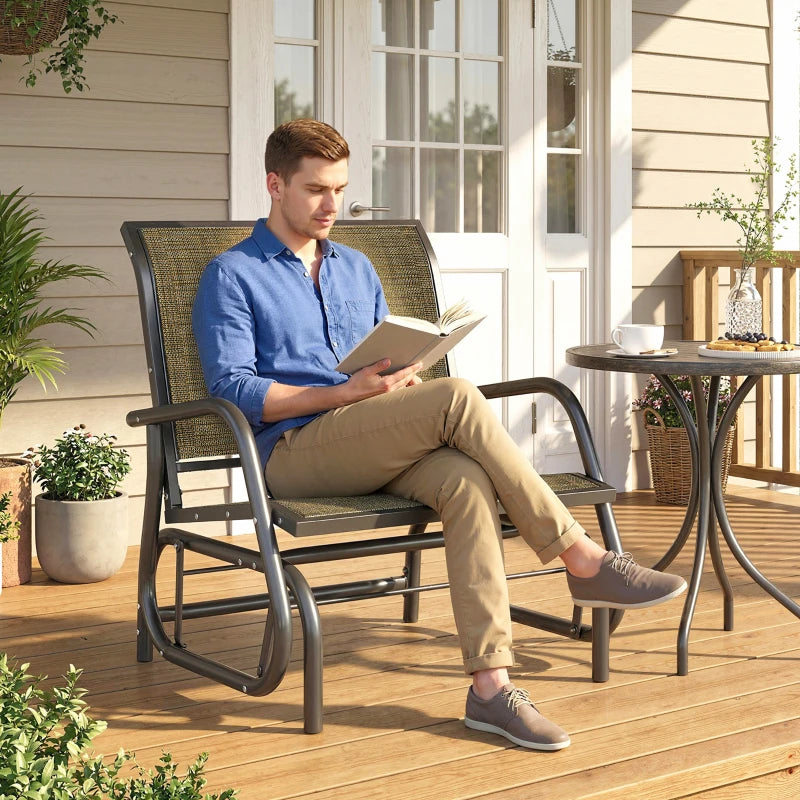 Patio Glider Outdoor Glider Chair with Breathable Mesh Seat & Backrest, Armrests and Metal Frame, Light Mixed Brown