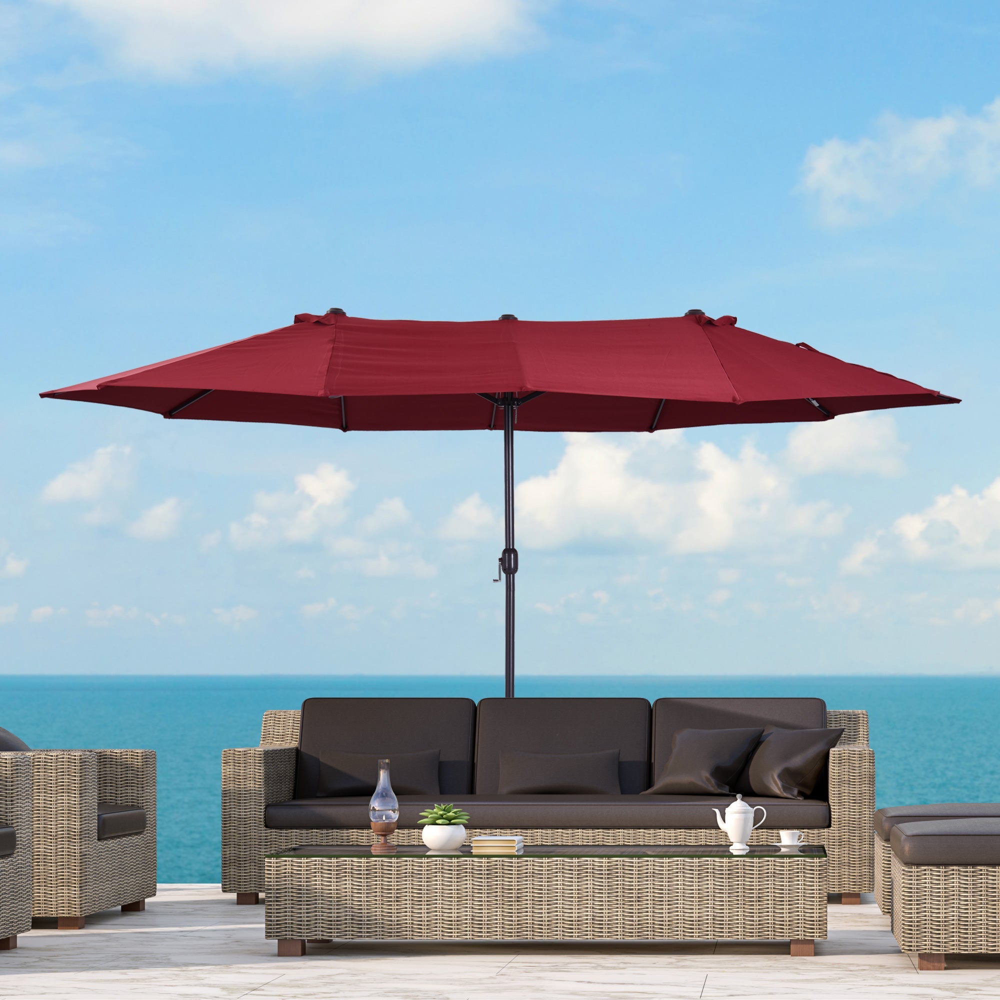 Outsunny 15' Double Canopy Patio Umbrella Sunshade Steel w Lift Crank Wine Red