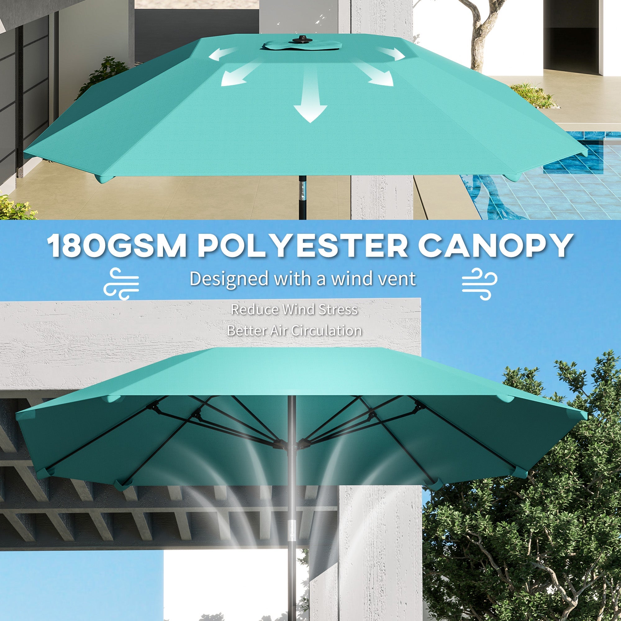 Outsunny 7.6FT Aluminum Patio Umbrella Parasol 8 Ribs Outdoor Market Umbrella with Crank, Push Button Tilt for Deck, Backyard and Lawn, Sky Blue