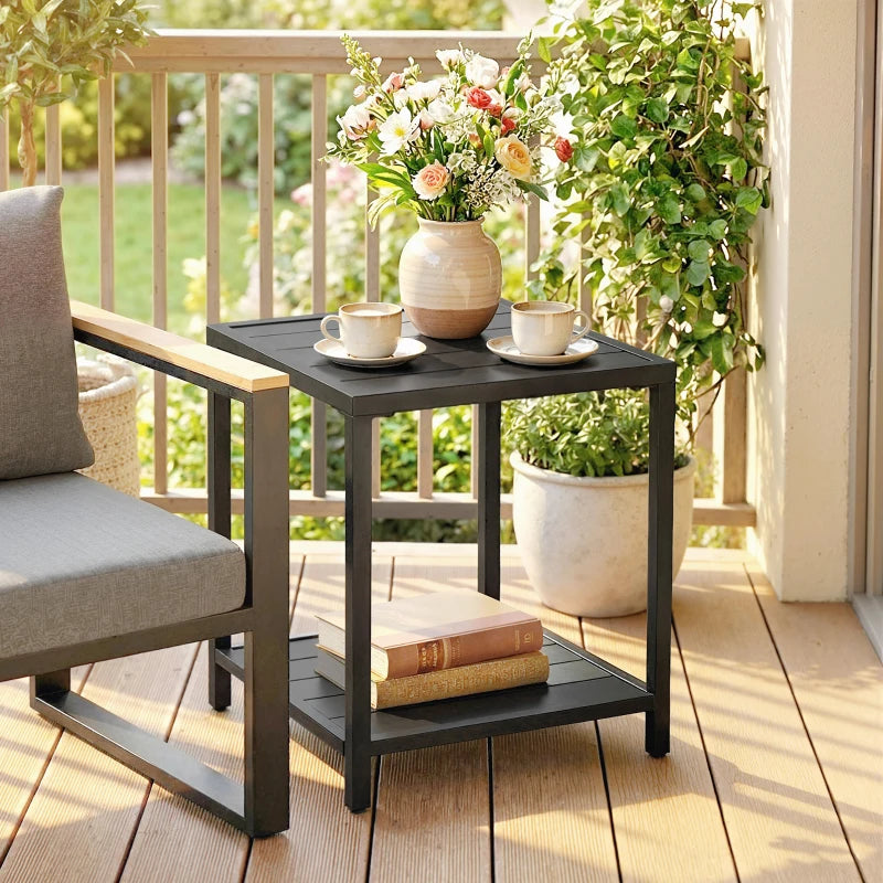 Outdoor Coffee Table 2-Tier Patio Coffee Table with Storage Shelf, Adjustable Feet for Garden Balcony Poolside Black