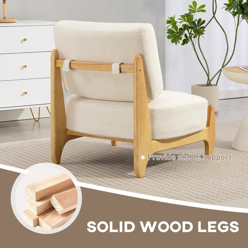 Accent Chair with Rubber Wood Frame, Wide Seat, Modern Chenille Bedroom Chair with Thick Cushion, Cream White