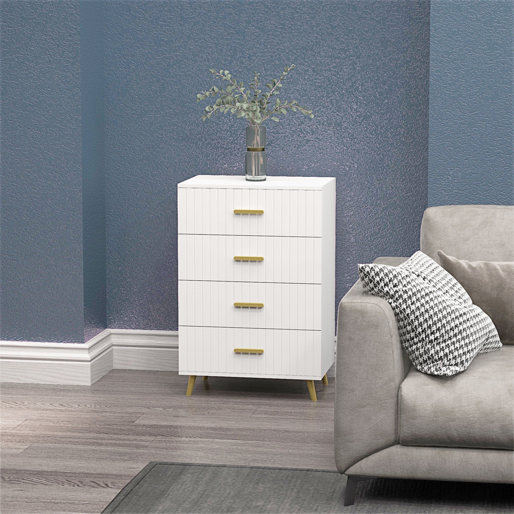 HOMCOM 4 Drawer Cabinet, Drawer Chest for Bedroom, Chest of Drawers with Aluminium Legs and Gold Handles, White