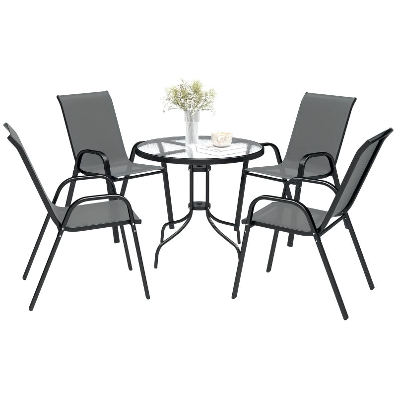 Five-Piece Steel Patio Set, with Glass-Top Table - Dark Grey