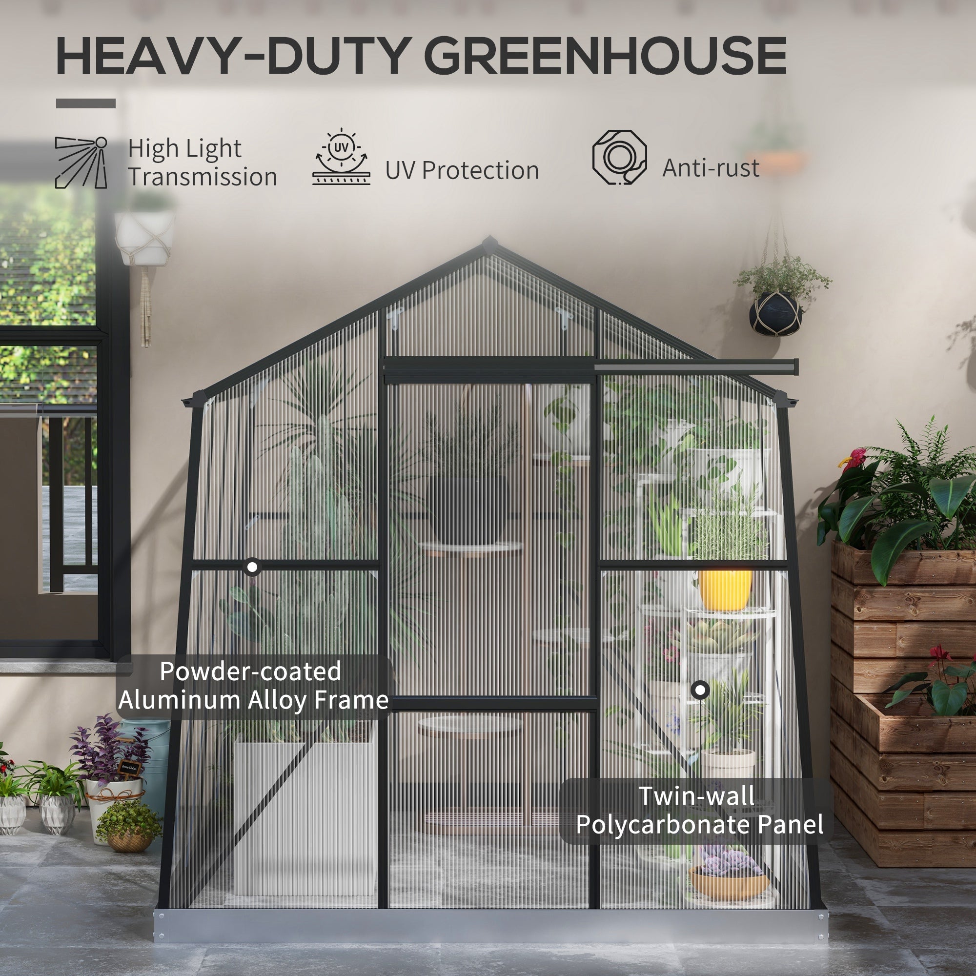 Outsunny 6'x8' Aluminium Walk-in Greenhouse with Polycarbonate Panels - Features Sliding Door, 5-Level Roof Vent, Rain Gutter