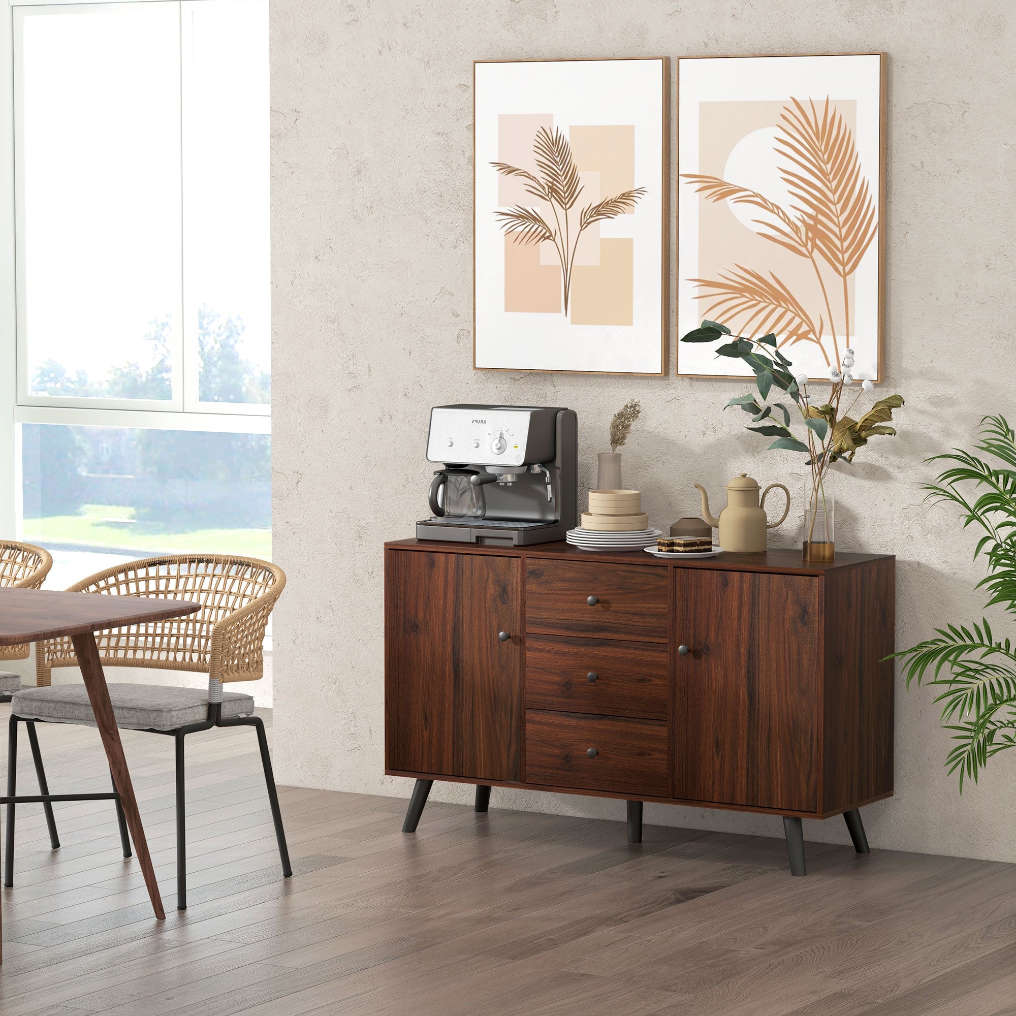 HOMCOM Rustic Brown Kitchen Storage Sideboard Buffet Cabinet with Cupboards Drawers Shelves for Dining Living Room