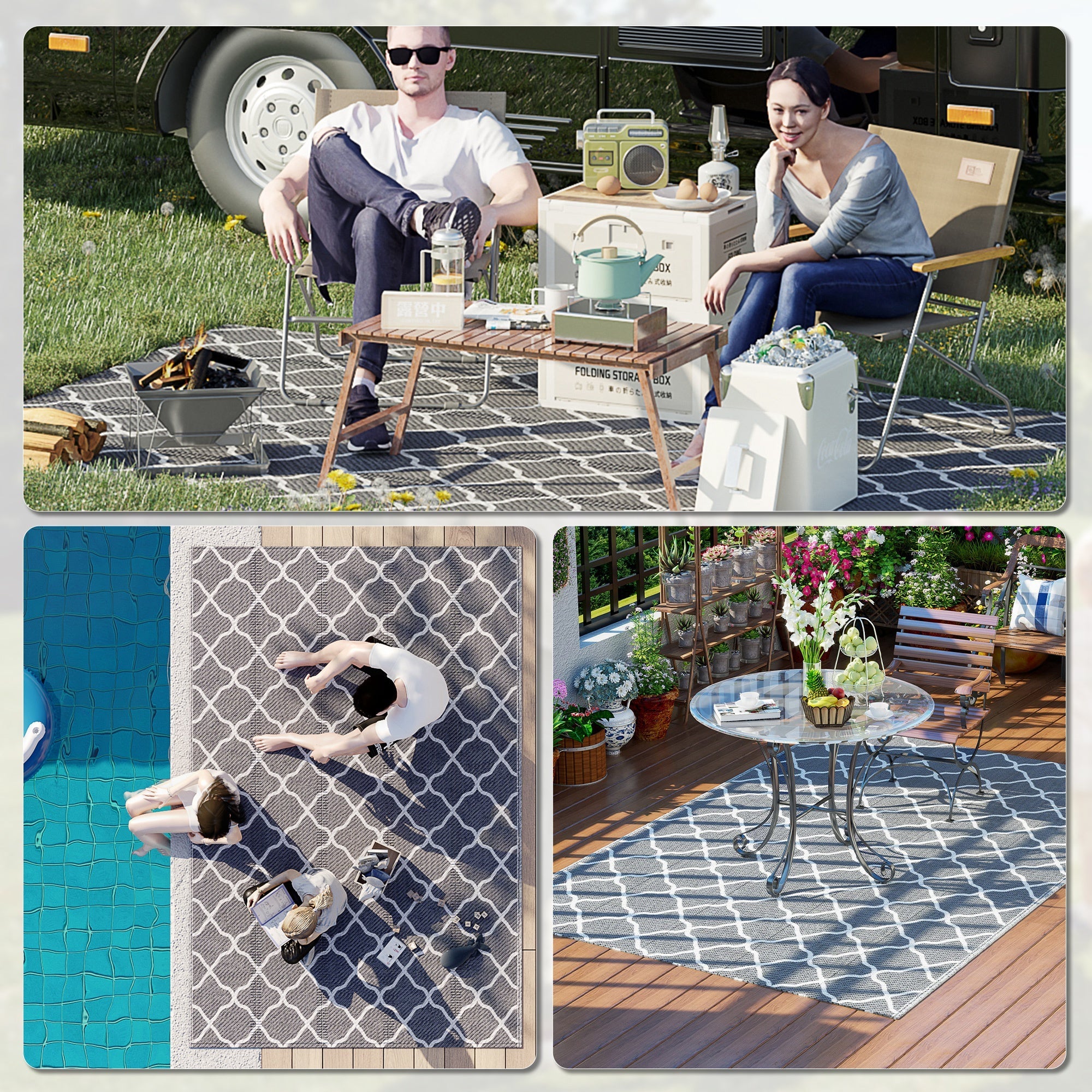 Outsunny 6' x 9' Waterproof Outdoor Rug RV Reversible Mat for Backyard Deck Picnic Beach Camping Grey White Net