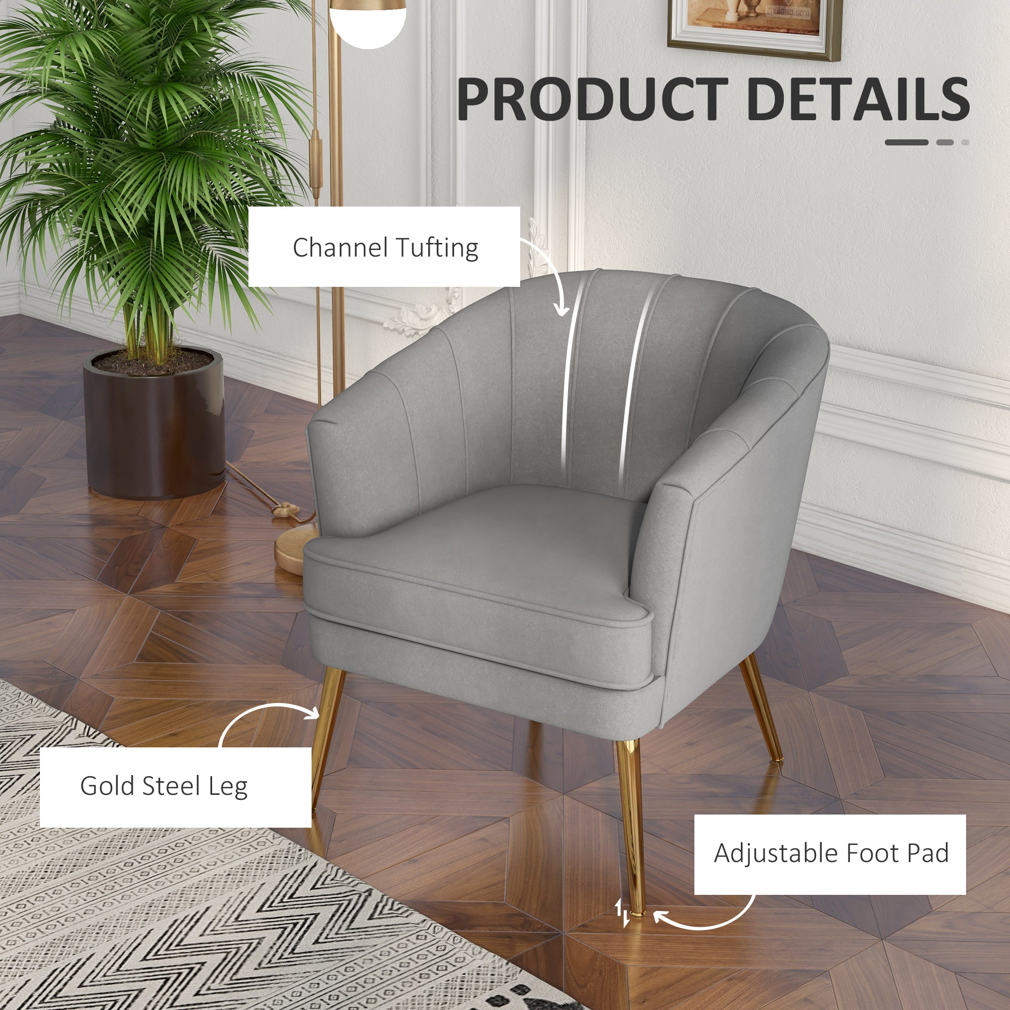 HOMCOM Elegant Living Accent: Fabric Armchair with Gold Metal Legs for Home Office, Bedroom, Grey Finish