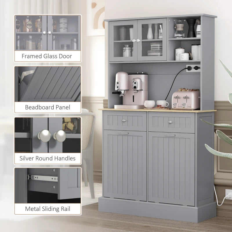 Kitchen Cabinet with Charging Station, 2 Tilt Out Cabinets, Microwave Stand, Freestanding Kitchen Pantry Cabinet, Grey