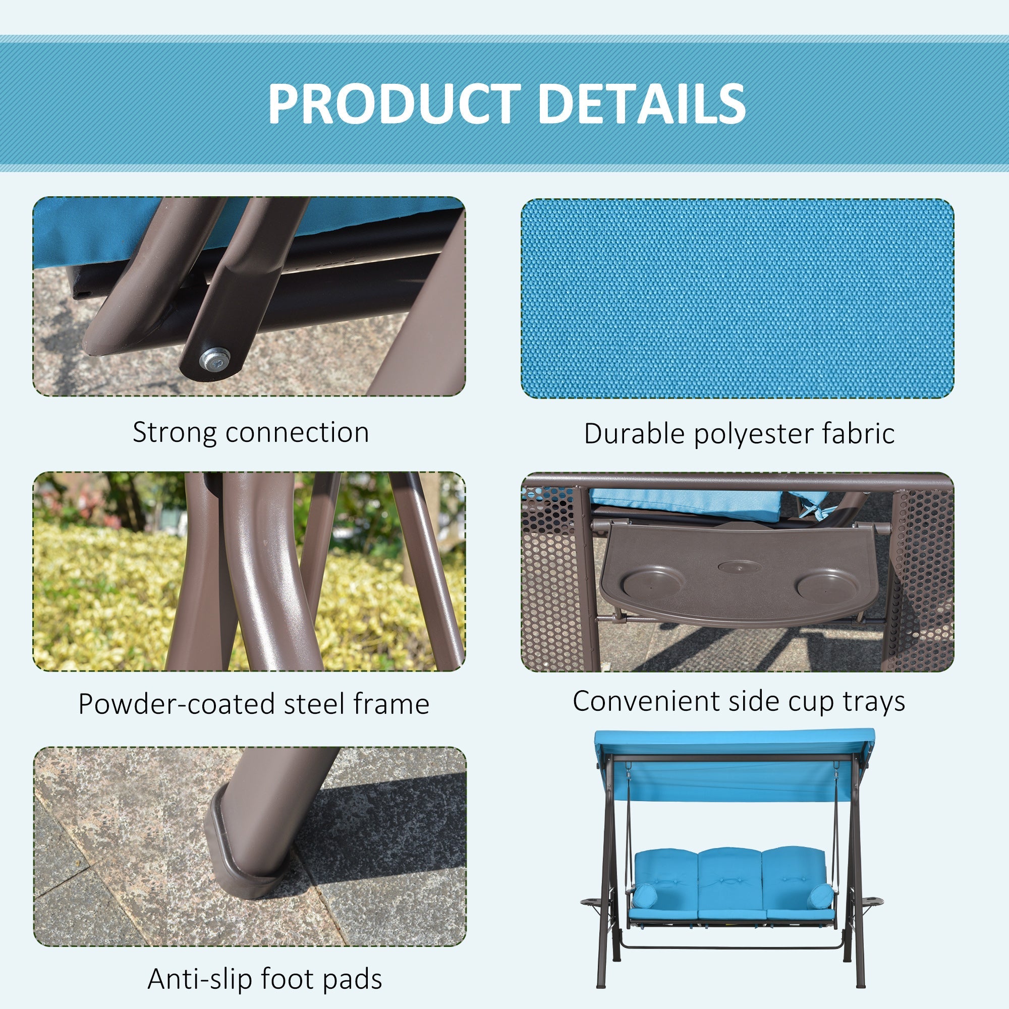 Outsunny Outdoor Patio 3-Person Steel Canopy Cushioned Seat Bench Swing with Included Side Trays & Padded Comfort, Light Blue