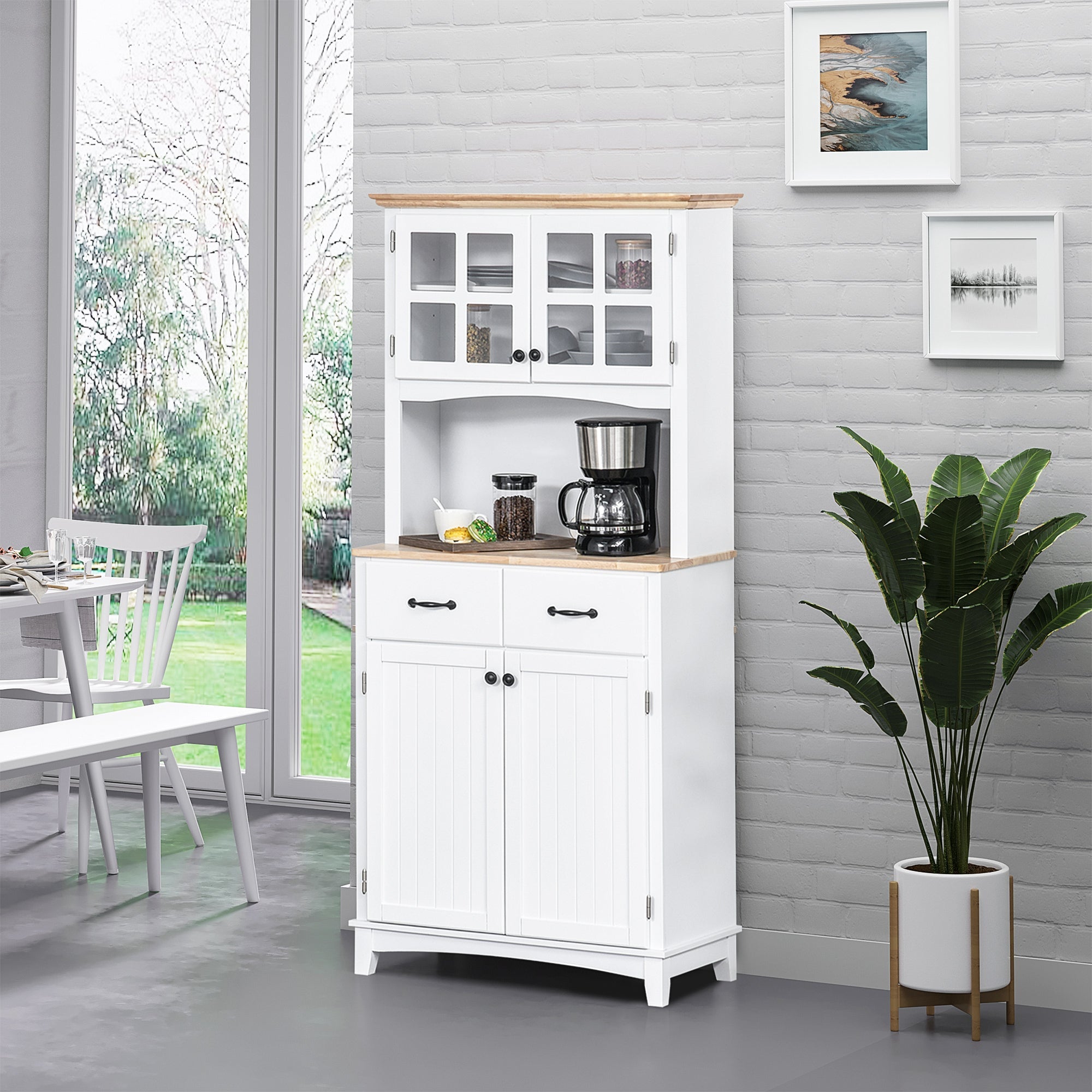 HOMCOM 68" Traditional Kitchen Pantry Storage Cabinet Cupboard Buffet Hutch Wooden Framed Glass Door Freestanding