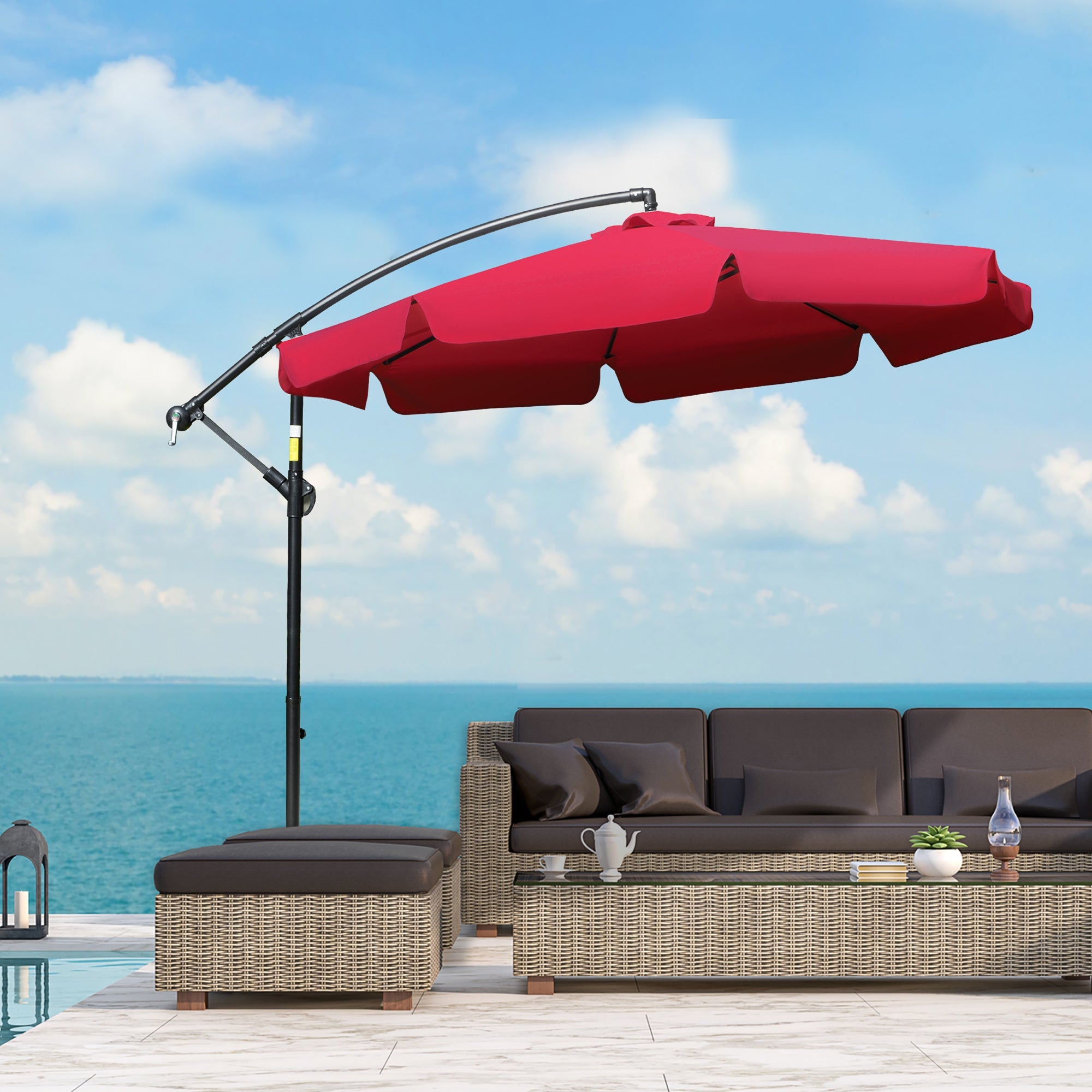Outsunny 9FT Offset Hanging Patio Umbrella: Red Easy Crank Tilt Cross Base 8 Ribs UV Blocking Canopy