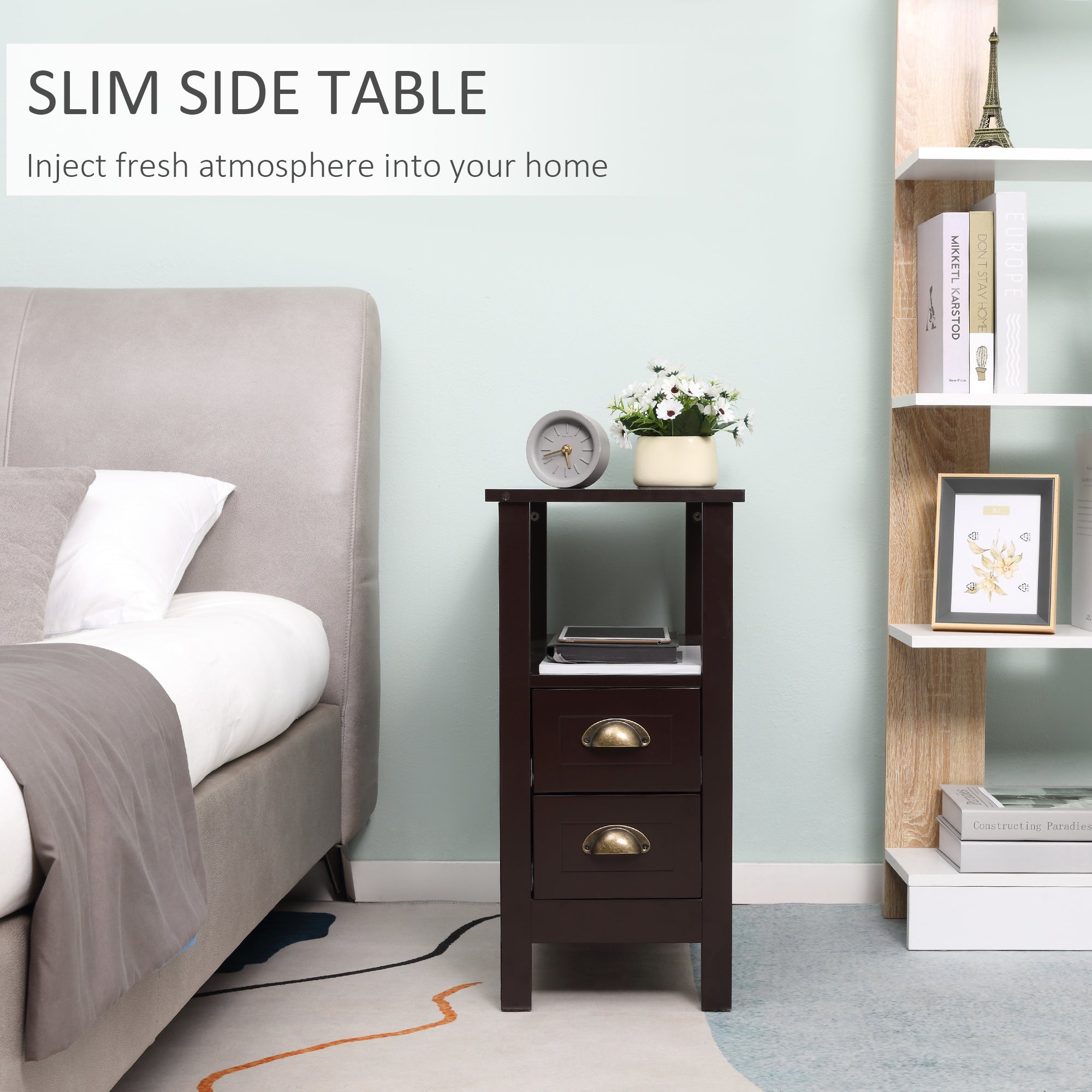 HOMCOM Slim Side Table: Narrow End Table with 2 Drawers and Storage Shelf, Sofa Side Table for Living Room, Compact Nightstand