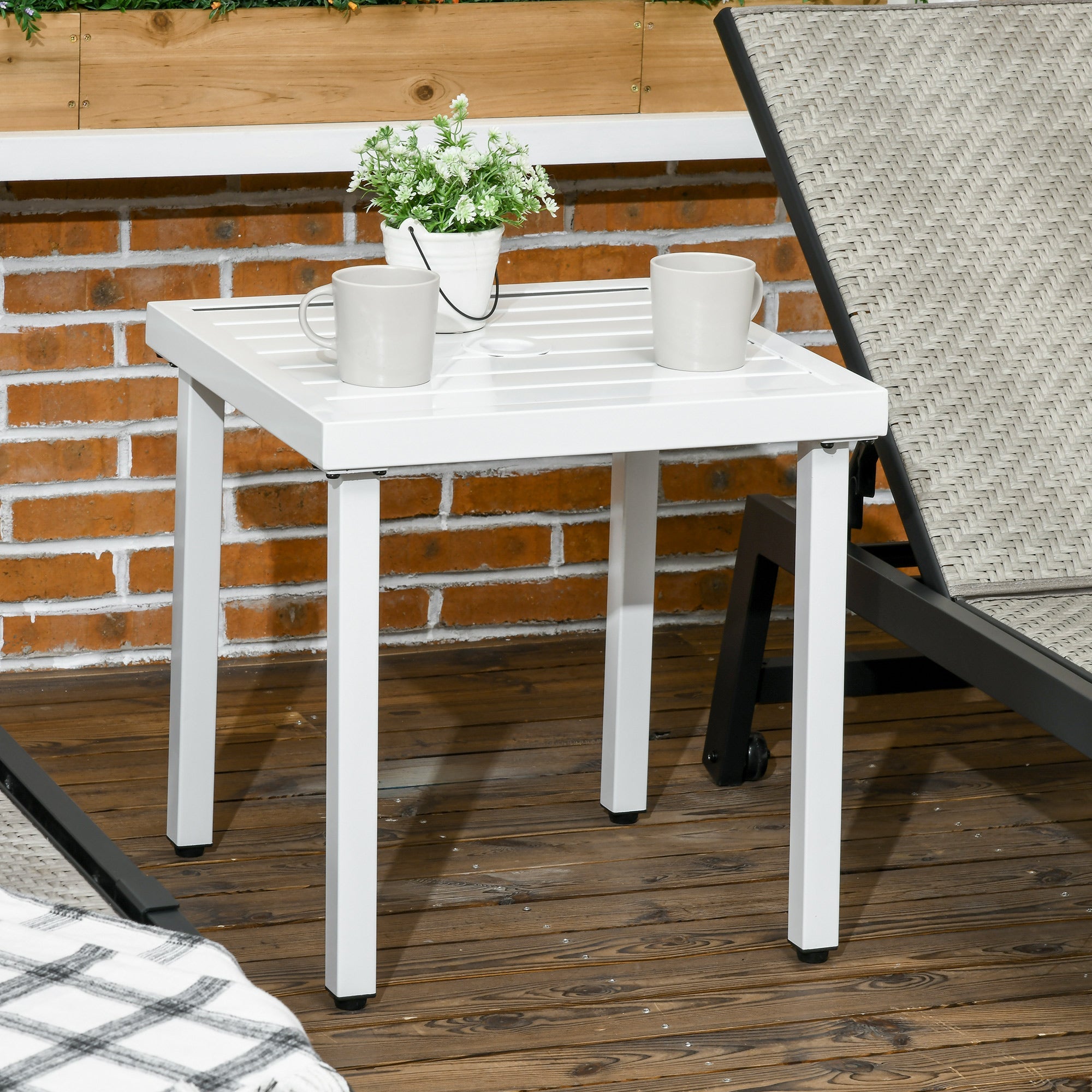 Outsunny Patio Side Table with Umbrella Hole Steel Frame Small Coffee Table White