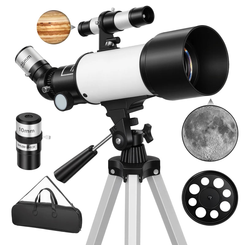 Telescope for Adults, 70 mm Aperture 400 mm Refractor Telescope with 40X/16X, Adjustable Tripod, Bag, White