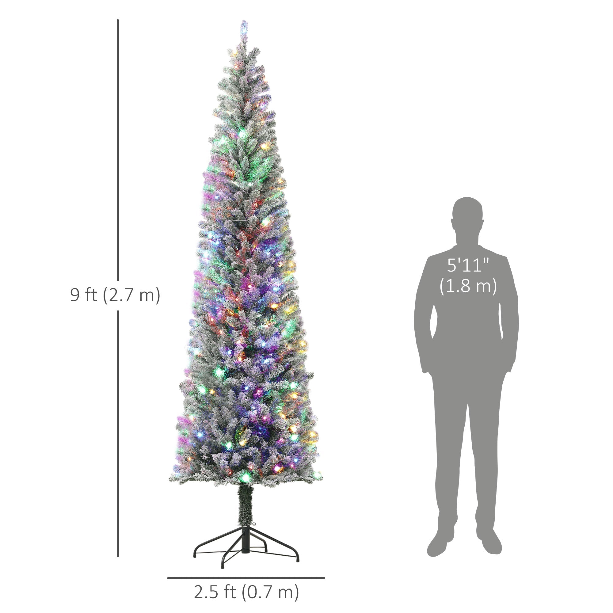 HOMCOM 9ft Prelit Pencil Artificial Christmas Tree, Flocked Xmas Tree with Dual Colour LED Lights, 895 Tips and Metal Stand