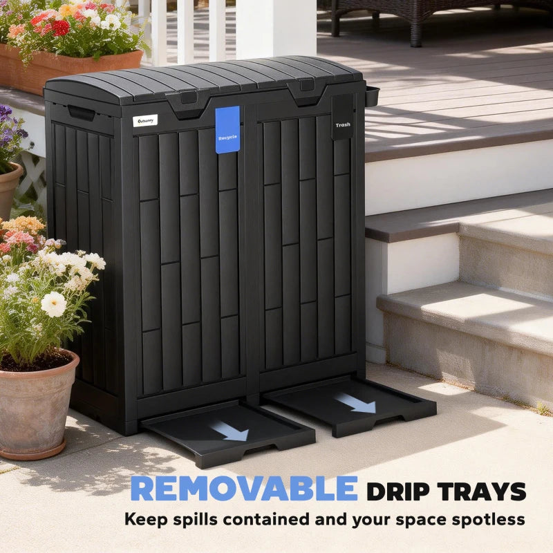 58 Gallon Double Outdoor Garbage Bin with Dual Lid, Plastic Outdoor Waste Trash Can with Ash Holder and Drip Trays