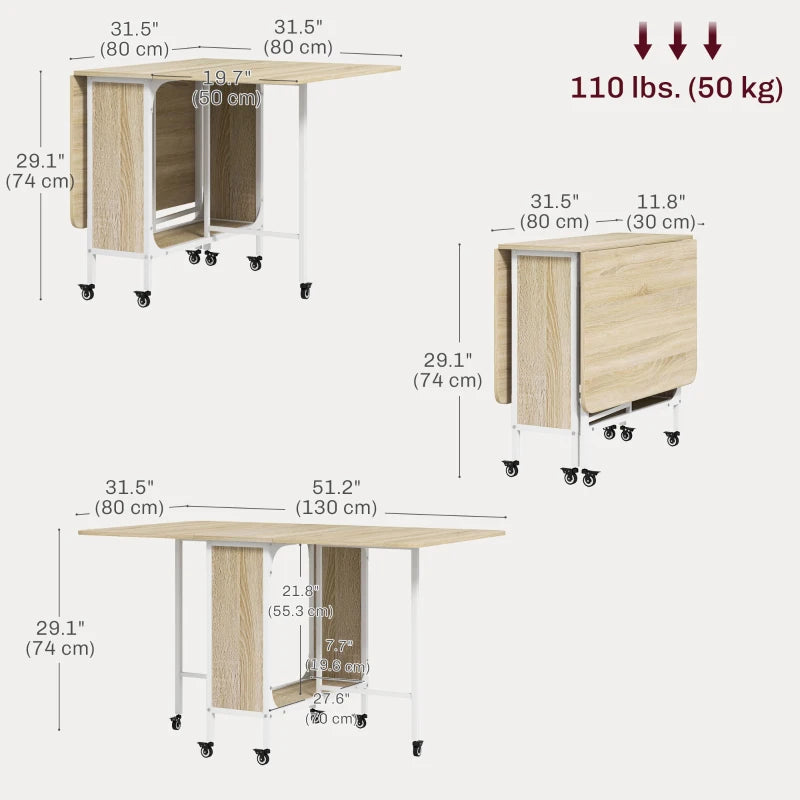Folding Dining Table, Extendable Kitchen Table for Small Spaces with Storage Shelf and 6 Wheels, Natural Wood