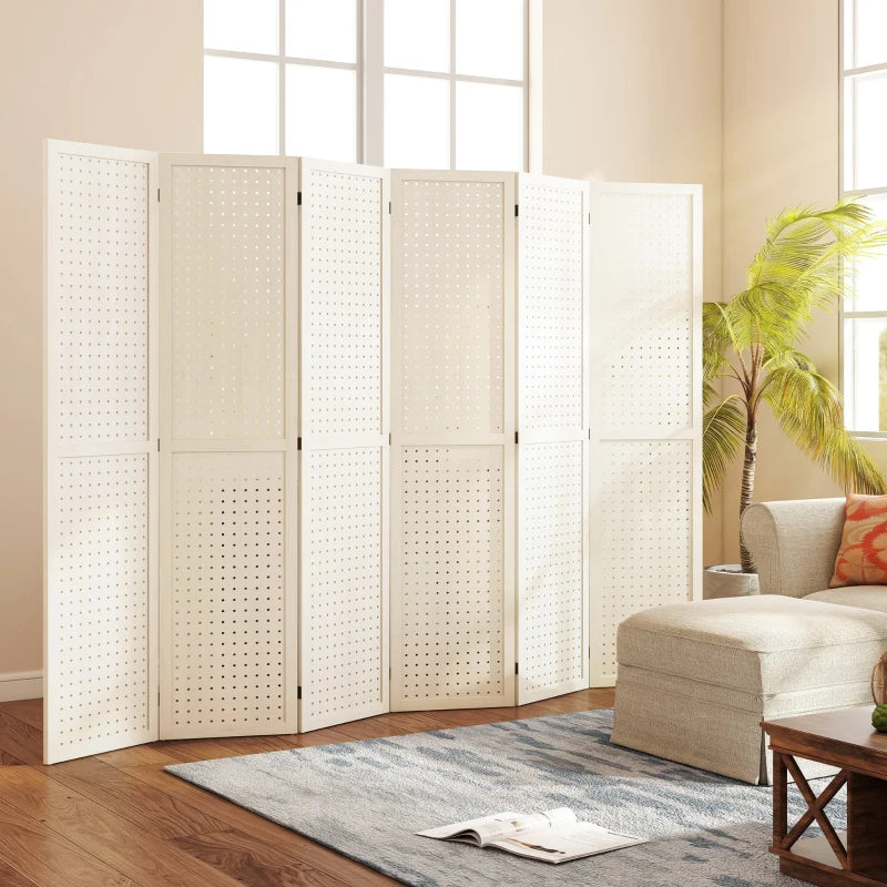 5.6 Ft. Tall 6-Panel Room Divider, Pegboard Panel Folding Privacy Screen, Partition Wall Divider for Bedroom, White