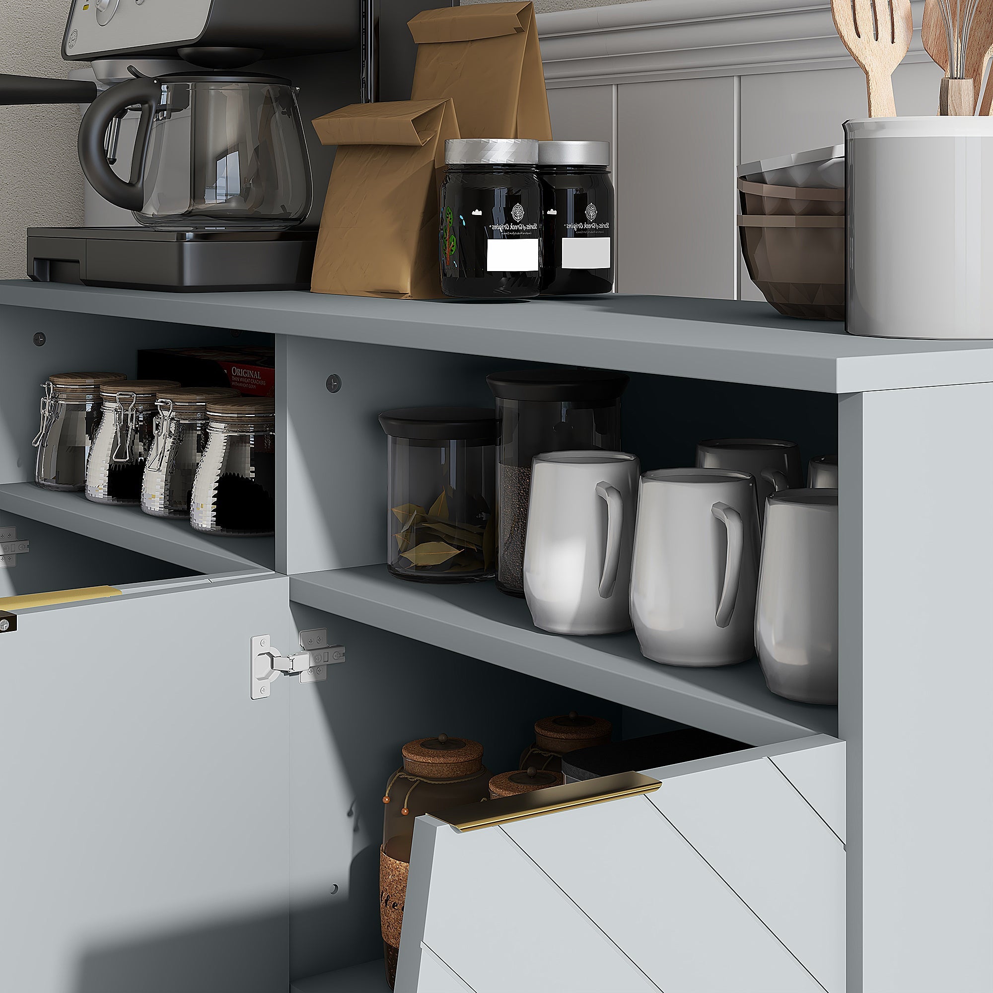 HOMCOM Grey Metal Base Accent Cabinet: Sideboard Bar Cabinet with 4 Doors and Adjustable Shelves for Living Room, Hallway