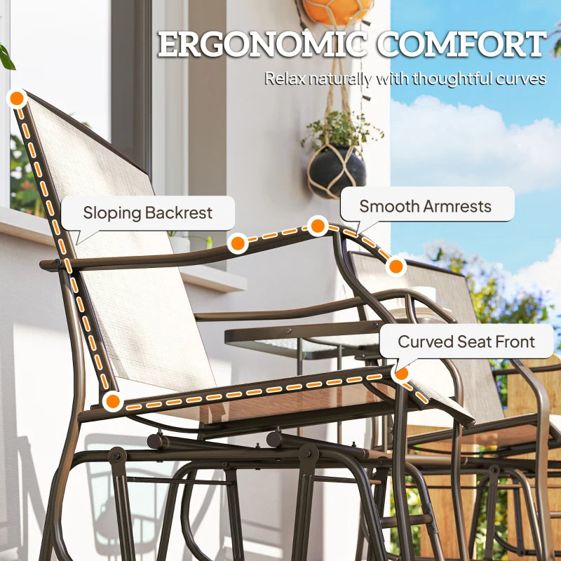 Double Patio Glider Chair with Glass Top Center Table, Outdoor Glider Loveseat with High Back, All Weather Breathable Mesh Fabric for Garden, Backyard, Deck, Light Brown