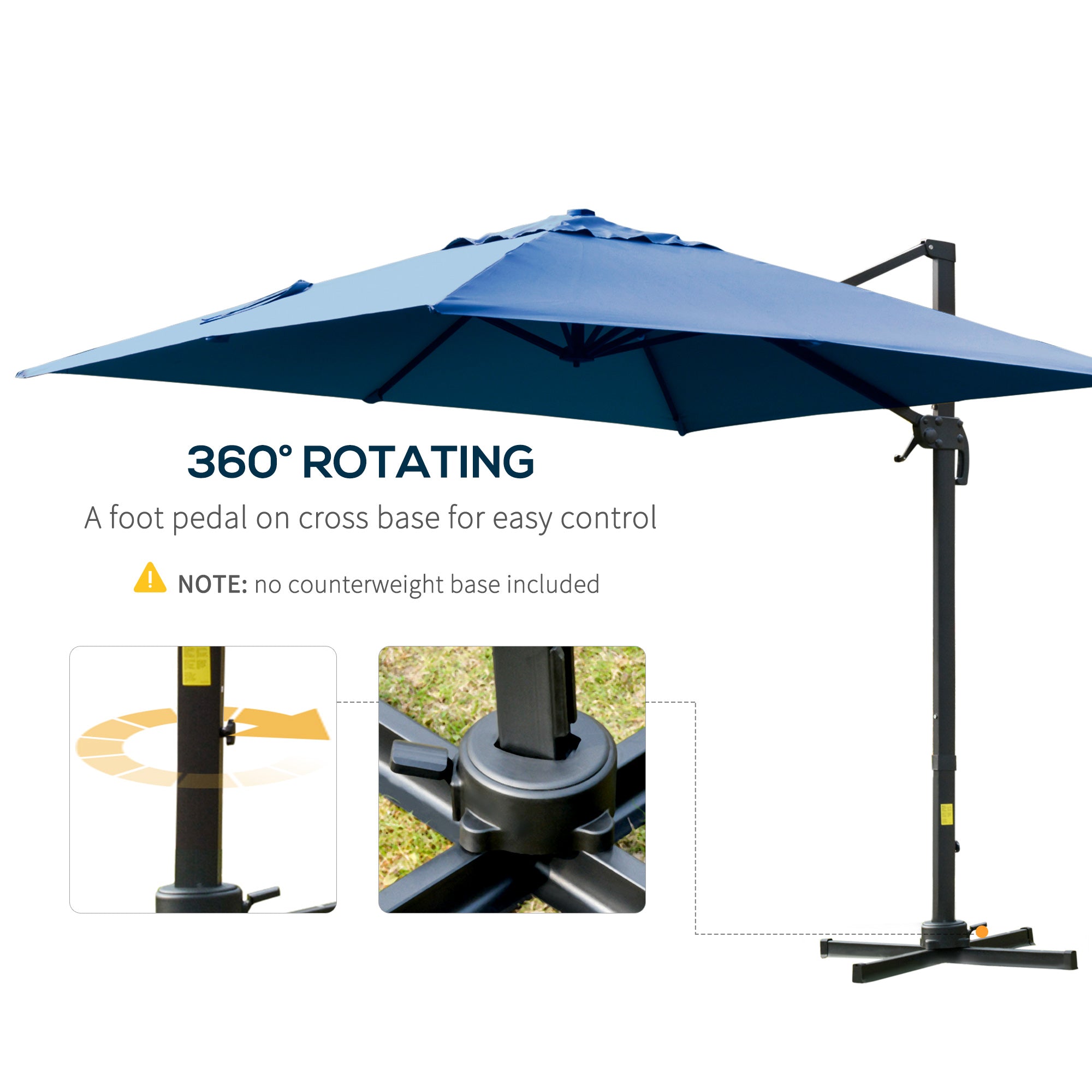 Outsunny 10x10ft Square Cantilever Umbrella with Rotatable Top 4 Adjustable Angles for Patio Backyard Outdoor Area Blue