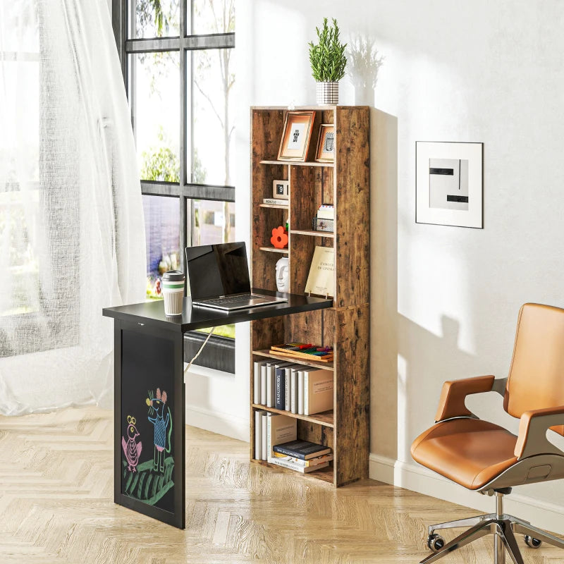 Fold-out Convertible Office Desk, Wall Mount Computer Desk with Blackboard and Side Shelf, Rustic Brown