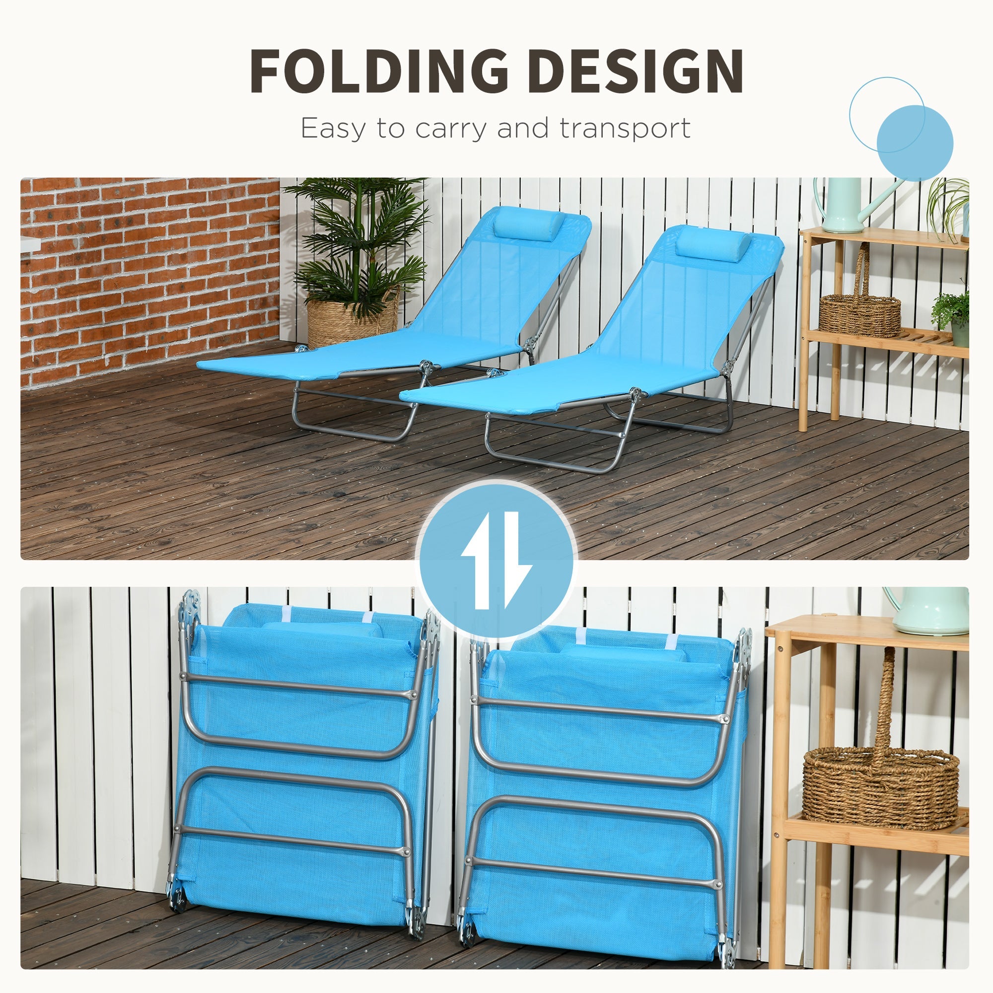 Outsunny Poolside Relaxation: Folding Chaise Lounge Chairs Set of 2, Outdoor Sun Tanning with Pillow, Reclining Backrest, Blue Tone