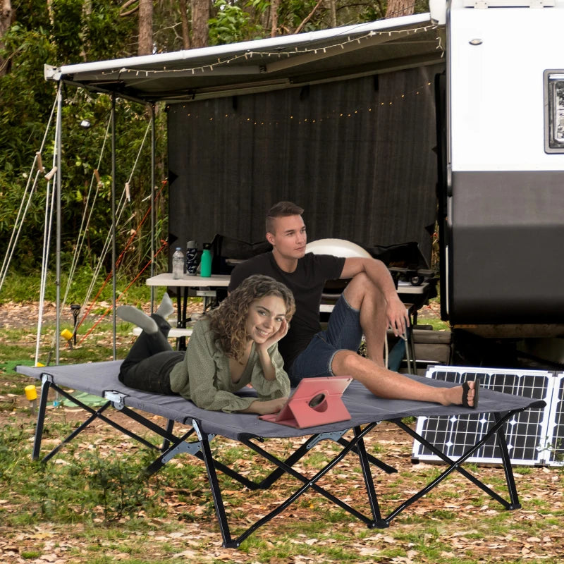 76" Two Person Folding Camping Cot Outdoor Portable Double Cot Wide Military Sleeping Bed w/ Carrying Bag Grey