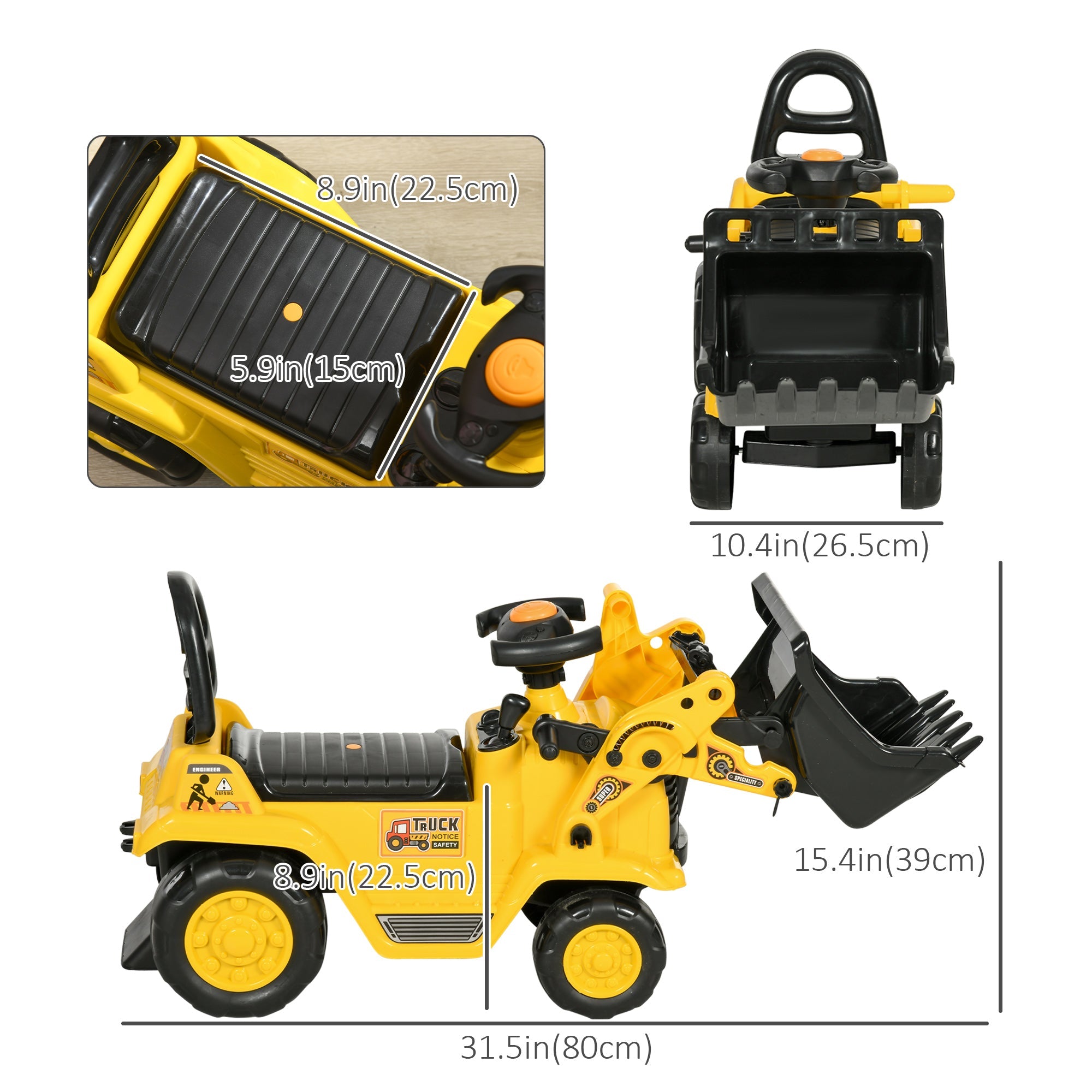 HOMCOM Kids Ride-On Bulldozer Toy with Excavator Bucket Horn Steering Wheel Under Seat Storage for Toddlers Yellow