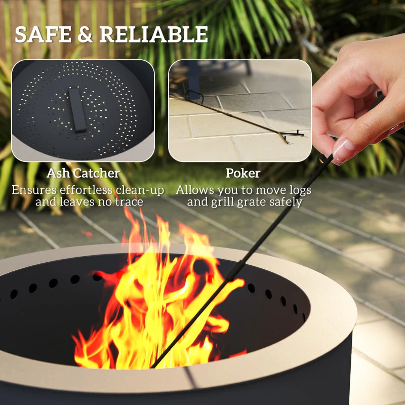 Outdoor Fire Pit, Round Firepit with Grill Grate, Fire Bowl with Ash Catcher and Poker for Backyard Camping Bonfire Picnic, Black